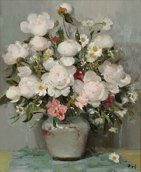 MARCEL DYF (French 1899-1985) PEONIES IN A COREA: MARCEL DYF (French 1899-1985) PEONIES IN A COREAN VASE signed,Dyf" bottom right, oil on canvas Executed circa 1970 25 1/2 x 21 1/4 in. (64.7 x 53.9 cm.) NOTE: This work has been authenticated by Claud