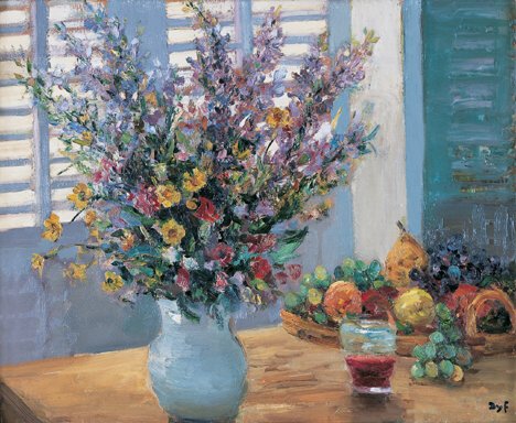 MARCEL DYF (French 1899-1985) FRUITS FLEURS ET B: MARCEL DYF (French 1899-1985) FRUITS FLEURS ET BOURGOGNE DEVANT LES VOLETS signed Dyf" bottom right, oil on canvas 23 1/2 x 28 3/4 in. (59.6 x 73.0 cm.) NOTE: This work has been authenticated by Claud