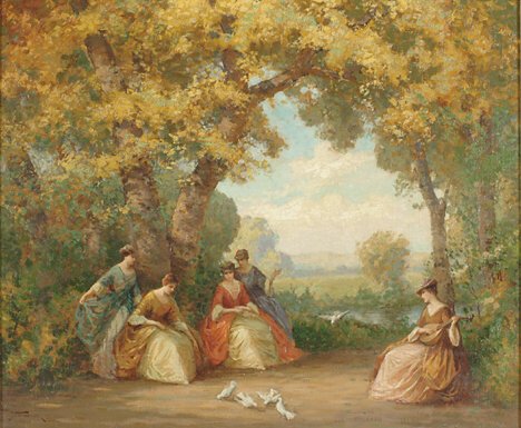 JOSEPH TOMANEK (American 1889-1974) ELEGANT LADI: JOSEPH TOMANEK (American 1889-1974) ELEGANT LADIES FEEDING DOVES signed J. Tomanek" bottom left, oil on canvas 25 x 30 in. (63.5 x 76.2 cm.) in a Newcomb - Macklin frame made after a design by Stanfor