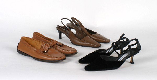 Group of Designer Shoes, J.P. Tod's, Manolo Blahn: Group of Designer Shoes, J.P. Tod's, Manolo Blahnik and Gucci Tod's in brown leather, loafer style. Blahnik in black velvet with ankle strap. Gucci in brown leather slingback.