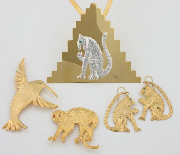 Group of Joan Brown Jewelry: Group of Joan Brown Jewelry A collar necklace with large triangular charm, a pair of cat earrings, and two brooches; four pieces. Sold to benefit the Indianapolis Museum of Art.