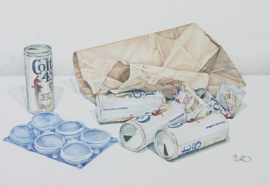 Marianne Boers: Colt 45 Six Pack Drawing, colored pencil23 x 30 inches.