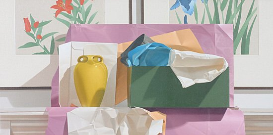 Harold Reddicliffe: Poppies & Irises painting, oil on canvas 15 x 30 inches.