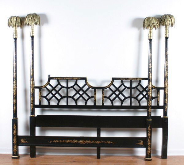 A Lacquered King Sized Four Poster Bed Frame,: A Lacquered King Sized Four Poster Bed Frame, the posts having gilded pineapple tree finials over scrolling springs of flowers, the headboard with pierces fretwork.