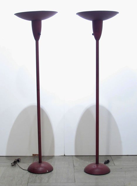 Pair of Russel Wright red tole torchiers, ,: Pair of Russel Wright red tole torchiers H: 65 in., Diam: 17 in.