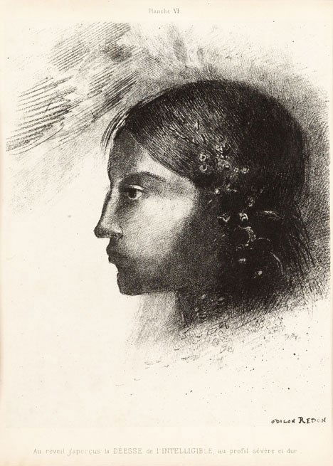 ODILON REDON, (FRENCH 1840-1916), AU RE'VEIL J'AP: ODILON REDON (FRENCH 1840-1916) AU RE'VEIL J'APERCUS LA DEESSE DE L'INTELLIGIBLE AU PROFIL SEVERE ET DUR PLATE VI FROM HOMMAGE À GOYA 1885, edition of 50; Leme