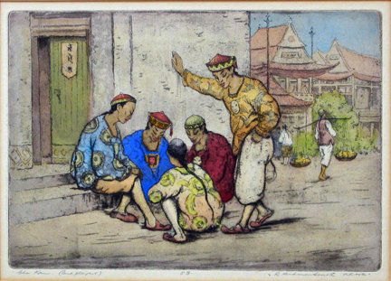 ROBERT HERDMAN-SMITH, (BRITISH B. 1879) TWO COLOR: ROBERT HERDMAN-SMITH (BRITISH B. 1879) TWO COLOR AQUATINTS THE LITTLE PAGODA; and CHA KAM (CARD PLAYERS) Each pencil signed and titled in the margin; CHA KAM is numbered 53. Each: 6 7/8 x 9