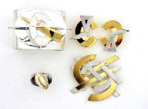 Group of John Okulick Jewelry,: Group of John Okulick Jewelry, a cuff, a pair of earrings, a brooch, and a ring; four pieces.