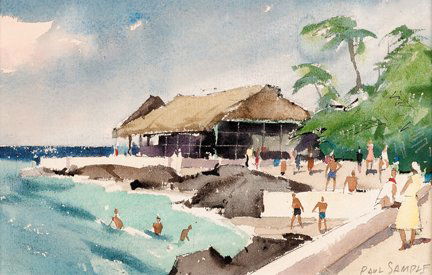 PAUL SAMPLE, (AMERICAN 1986-1974), 'FIGURES AT TH: PAUL SAMPLE (AMERICAN 1986-1974) 'FIGURES AT THE BEACH' Signed Paul Sample" bottom right, watercolor on paper 5 7/8 x 9 1/8 in. (14.92 x 23.17cm)"
