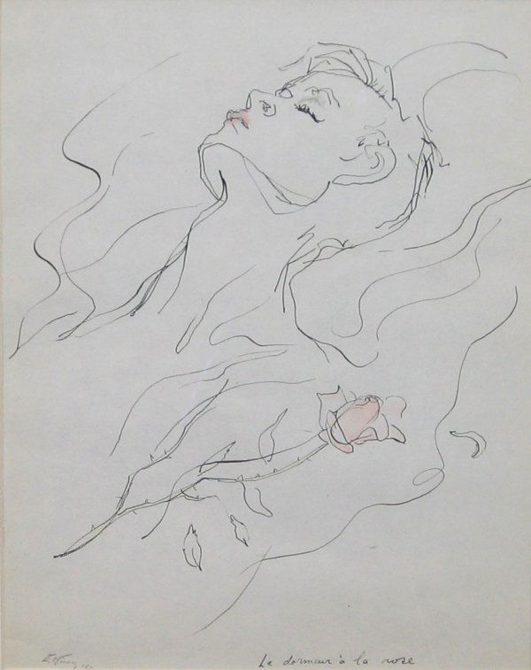 EMLEN ETTING, (AMERICAN, 1905-1993), LE DORMEUR A L: EMLEN ETTING (AMERICAN, 1905-1993) LE DORMEUR A LA ROSE" signed, titled and dated "50", ink, graphite and crayon on paper 10 1/2 x 8 1/4 inches"