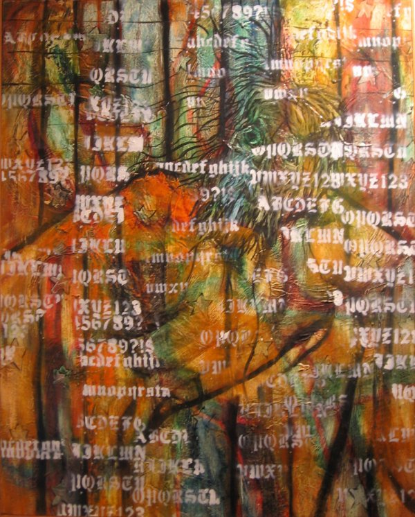 BEN JOHNSON, (BRITISH, B. 1946), ENTRANCE: BILLY F: BEN JOHNSON (BRITISH, B. 1946) ENTRANCE: BILLY F." signed, mixed media on canvas 40 x 32 inches"