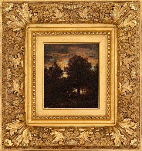 DAVID JOHNSON, (AMERICAN 1827 - 1908), WOODLANDS: DAVID JOHNSON (AMERICAN 1827 - 1908) WOODLANDS AT SUNSET Signed with monogram DJ" bottom right, signed with monogram verso, oil on panel 7 1/8 x 5 7/8 in. (18.1 x 14.9cm) Painted circa 1870