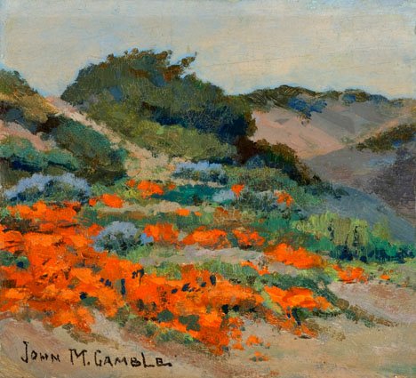 JOHN MARSHALL GAMBLE, (AMERICAN 1863 - 1957), WIL: JOHN MARSHALL GAMBLE (AMERICAN 1863 - 1957) WILD FLOWERS AMONGST THE DUNES Signed JOHN M. GAMBLE" bottom left, oil on board 5 x 5 1/4 in. (12.7 x 14cm)"