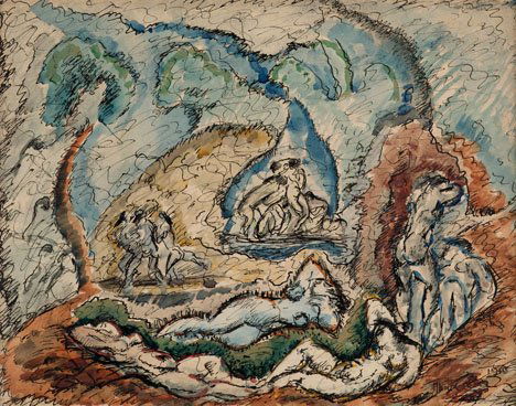 MAX WEBER, (AMERICAN 1881 - 1961), SUMMER"": MAX WEBER (AMERICAN 1881 - 1961) SUMMER" Signed and dated "Max Weber 1918" bottom right, and signed "Max Weber" top right, watercolor and black ink 9 x 11 3/4 in. (22.9 x 29.8cm) PR