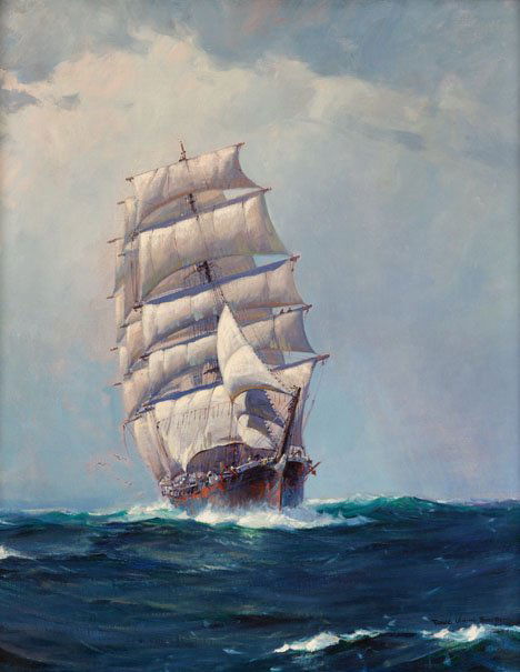 FRANK VINING SMITH, (AMERICAN 1979 - 1967), THE D: FRANK VINING SMITH (AMERICAN 1979 - 1967) THE DEEP WATER SHIP" Signed "FRANK VINING SMITH" bottom right, inscribed with title in pencil on stretcher and with typewritten label attached verso, oil on