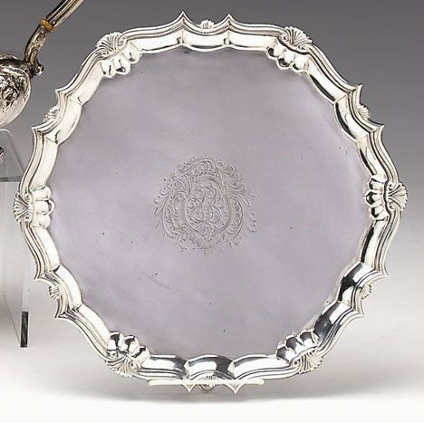 George II sterling silver salver, robert abercrom: George II sterling silver salver robert abercromby, london 1742 Of shaped circular form with a shell and piecrust molded rim, raised on three scroll feet, monogrammed. Diam: 12 1/2 in. 31 oz.