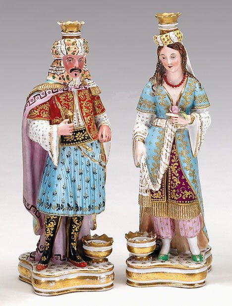 Pair of Jacob Petit figural porcelain scent bottl: Pair of Jacob Petit figural porcelain scent bottles 19th century Depicting a Turkish gentleman and his bride, both richly attired with gilt enhancements, on lobed square bases, underglaze blue 'JP' ma