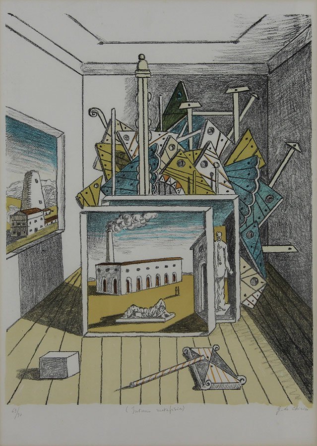 Interno metafisico: De Chirico Giorgio Interno metafisico, 1970 litografia a 7 colori su carta, cm 70x53,5, es. 69/99 firmata in basso a destra, intitolata in basso al centro, timbri a secco "G De Chirico" e "Alberto Cap