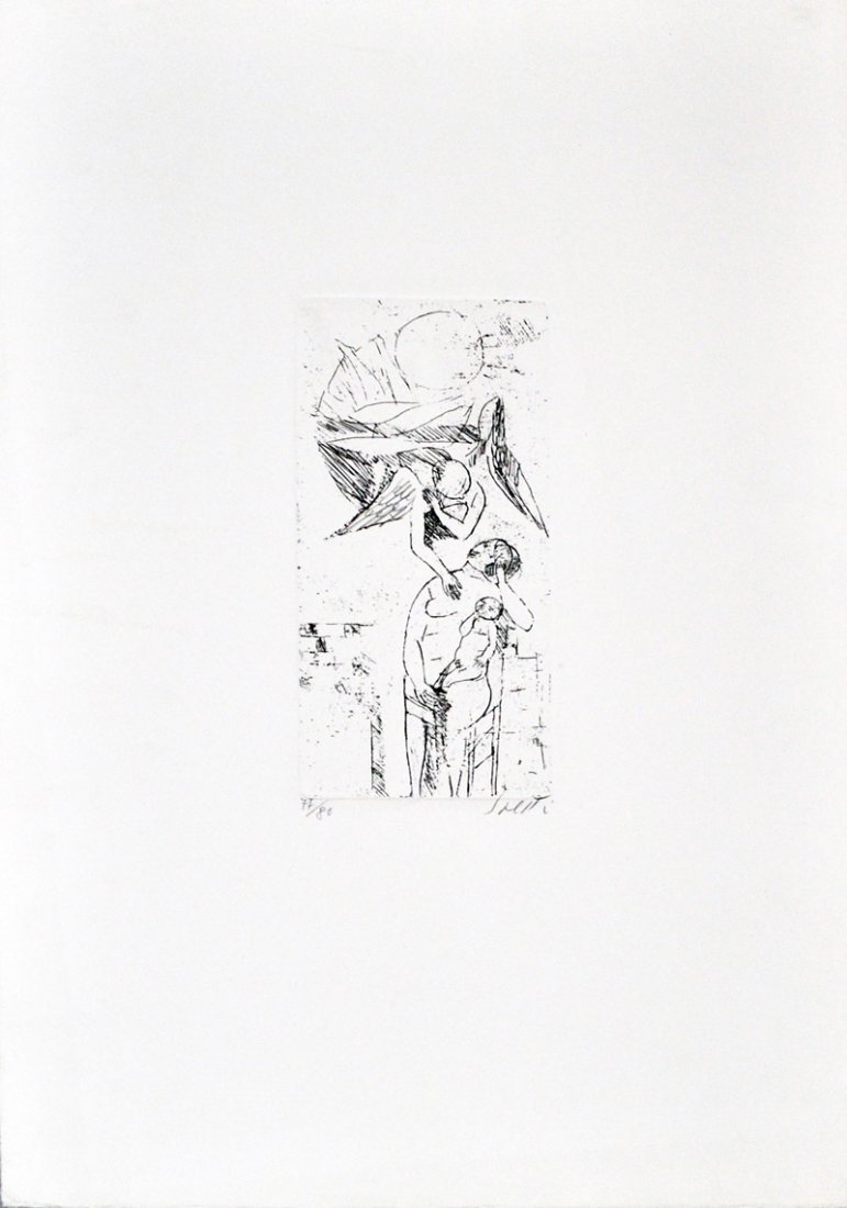 Colloquio con l'angelo: SAETTI BRUNO Colloquio con l'angelo, (1976) acquaforte in b/n es. 77/80 cm. 20,5x10,3 parte incisa su carta cm. 50x35 firma in basso a destra tiratura in basso a sinistra scorniciato