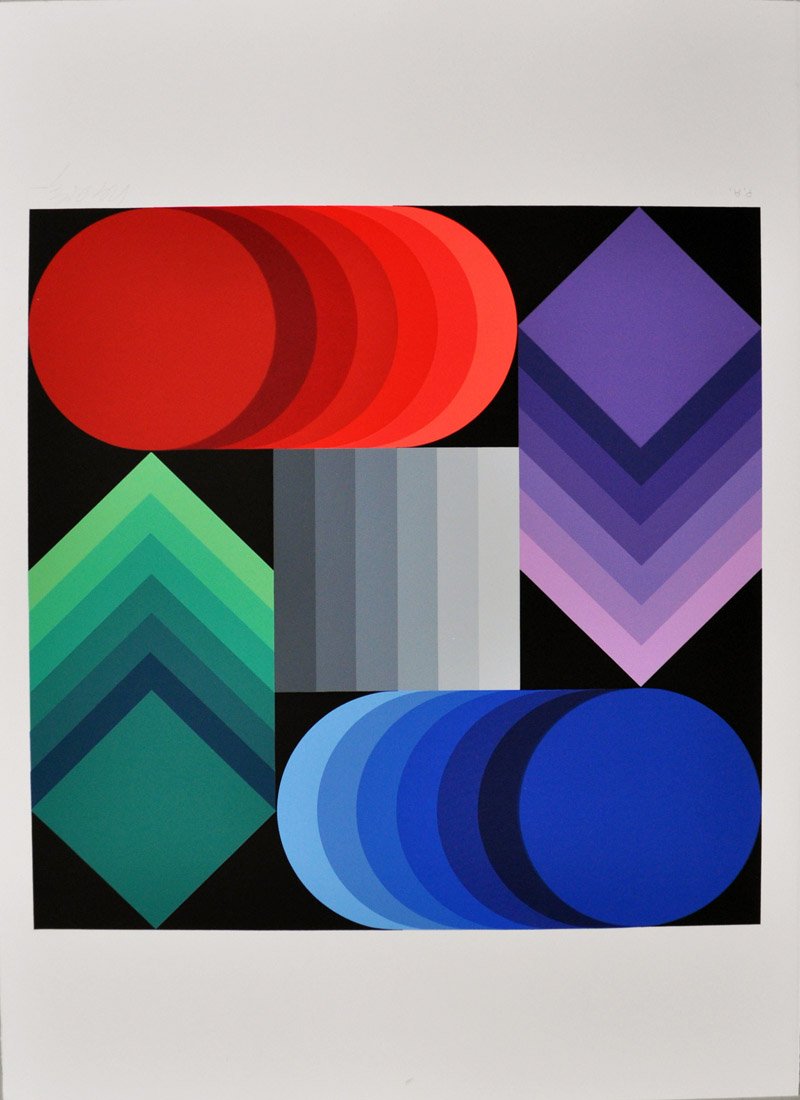 Italia '90: VASARELY VICTOR Italia '90, 1990 serigrafia a colori cm. 69,5x50 es. P.A. firma in basso a destra tiratura in basso a sinistra scorniciato