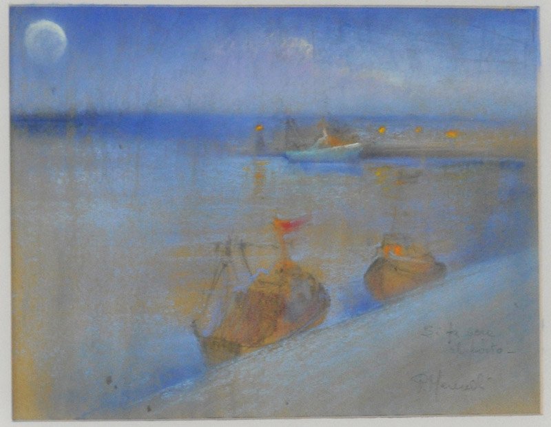 Si fa sera al porto: MERENDI PATRIZIA Si fa sera al porto, s.d. pastelli su carta cm. 25x35 firma e titolo in basso a destra