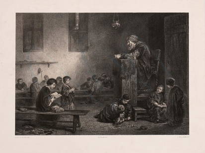 The Jewish School - after Joseph Nicolas Rober...: L'Ecole juive [Jewish School], after Joseph Nicolas Robert-Fleury (1797-1890). Lithograph created by Adolphe Mouilleron (1820-1881). Printed by Bertauts, Paris, [19th century]. Print after an oil pain