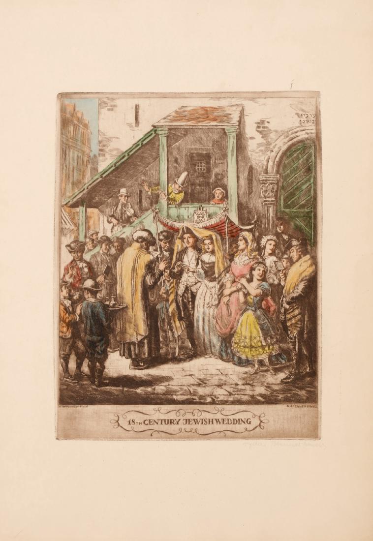Jewish Wedding - After Moritz Daniel Oppenheim...: 18th century Jewish Wedding, engraving colored by hand created by Nandor Vydai Brenner (1903-1944), signed in pencil by the engraver. The plate is somewhat dark and slightly wavy at the margins. Stain
