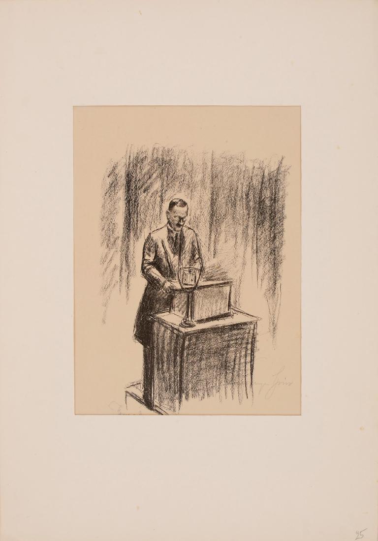 Portrait of Thomas Mann - Lithograph by Eugen...: Portrait of Thomas Mann, a lithograph by Eugen Spiro (1874-1972). Signed by the artist and by Thomas Mann. Leaf: 24.5X33.5 cm. Good condition. A few stains and creases. Two pieces of adhesive tape on