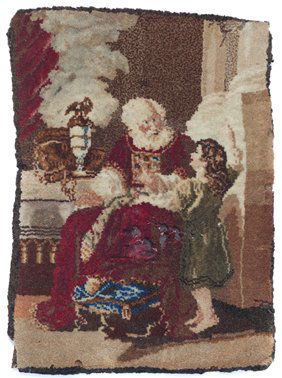 Eli and Shmuel – Picture on Fabric: Eli and Shmuel, colored picture printed on felt (?). [England? 19th century]. The picture was done according to the drawing "Samuel Learns from Eli" by the artist John Singleton Copley (1738-1815). Pl