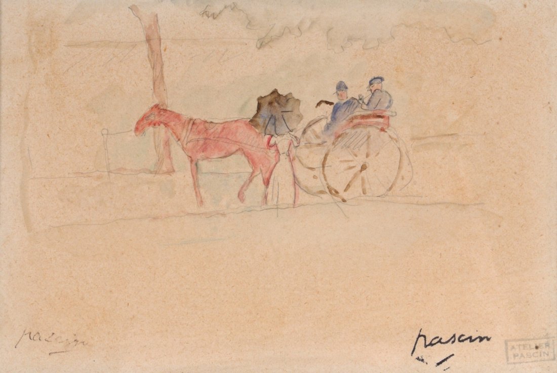 Jules Pascin (1885-1930): Two works on paper: 1. Harnessed Horses / Pencil on paper / 20X27 cm 2. Carriage / Pencil and watercolor on paper / 10X15cm / Signed twice, with the atelier stamp