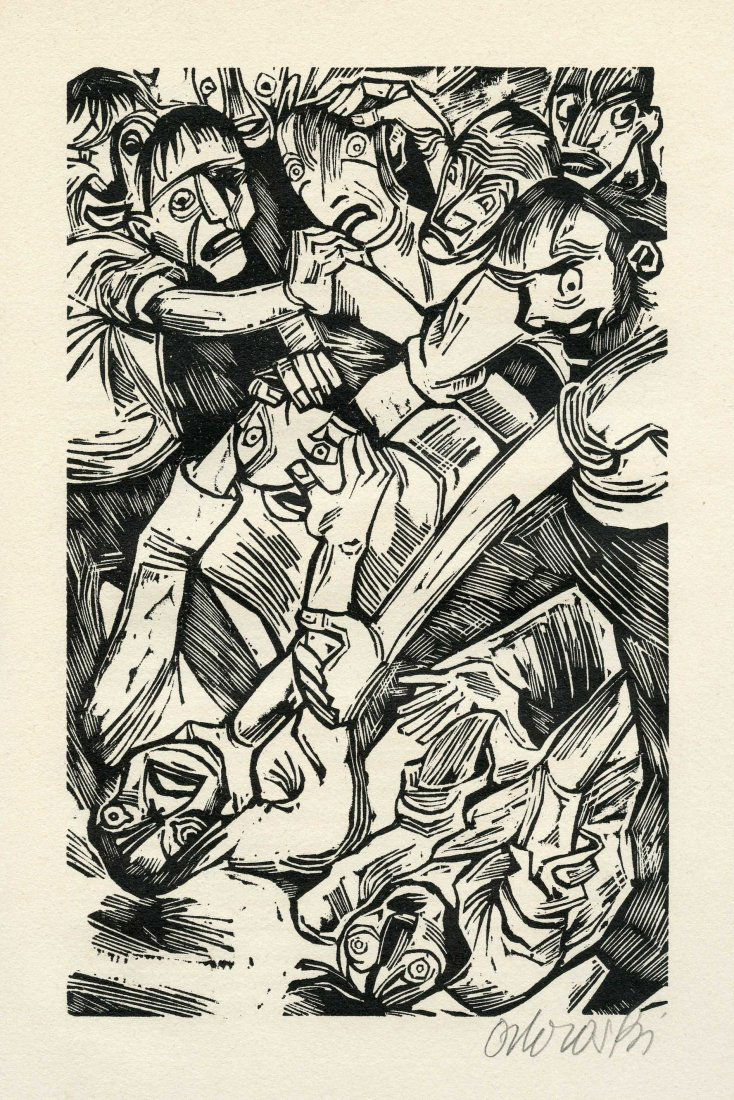 Die Cholera in Paris - Heinrich Heine - Woodcuts by: Die Cholera in Paris von Heinrich Heine. Berlin: Kuhn-Foelix, 1923. Three woodcuts by Hans Orlowski, signed in pencil. Numbered copy, 26/50. 17, [1] pp, 35 cm. Good condition. Foxing. Binding slightly