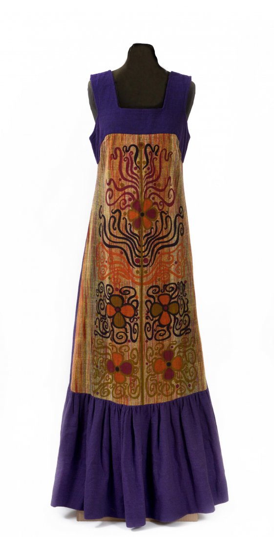 Apron Dress - by Rojy Ben Yoseph and Ruth Zarfati: A"Rikma" apron dress designed by Rojy Ben Yoseph, with a print made by artist Ruth Zarfati Sterenshus. A shoulderstrap dress made of purple cotton fabric, with an 'apron' from Molidor fabric, and an o