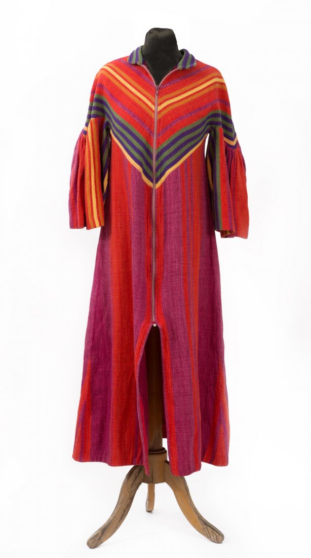 Kaftan Dress, Designed by Rojy Ben Yoseph: A "Rikma" Kaftan dress, designed by Roji Ben Yossef. Molidor fabric, 100% cotton, in purple and red shades. Zipper on front, with a slit from the waist down. Widening sailor sleeves. Size L. Very good