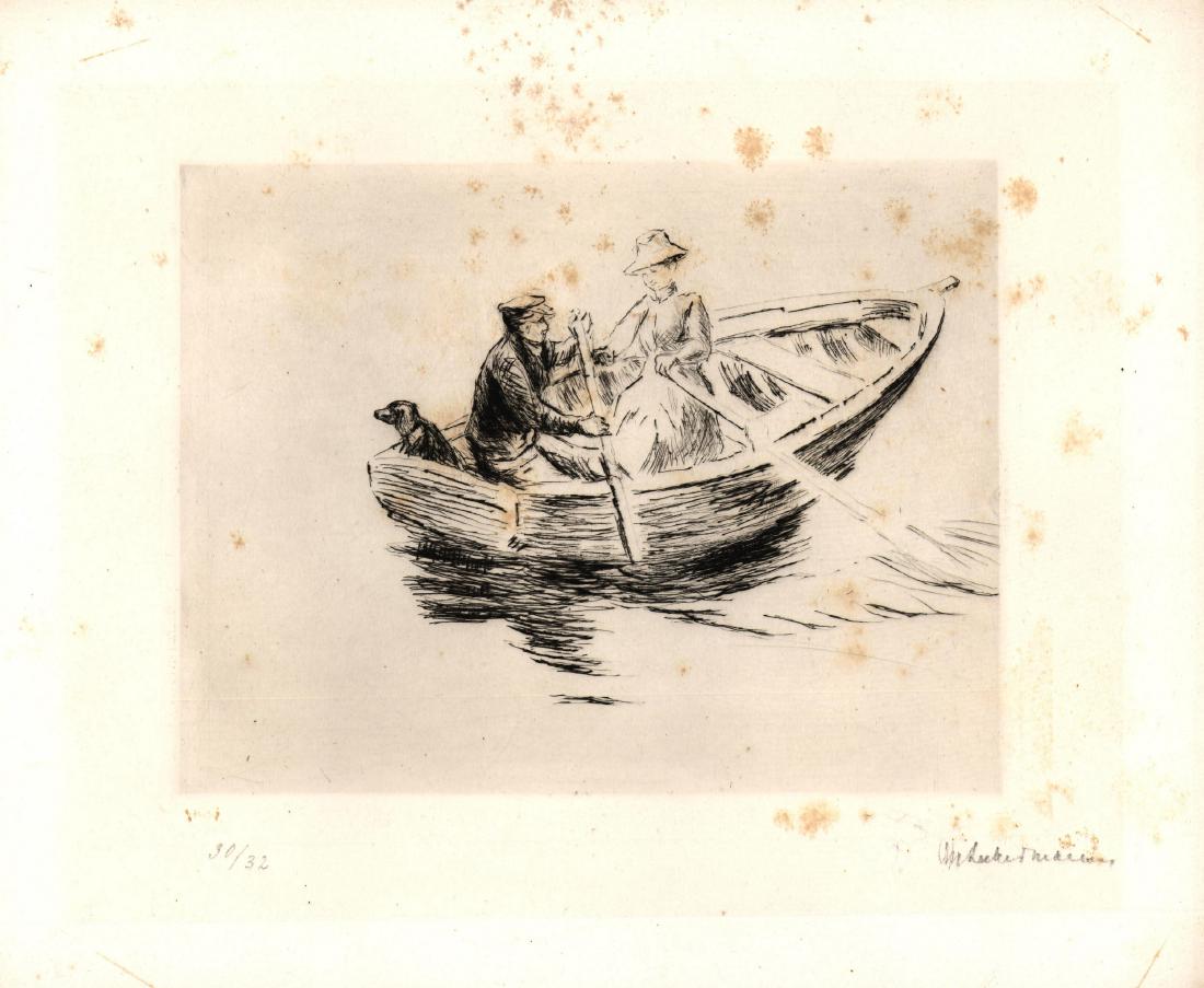 Max Liebermann (1847-1935): 1. Young Swimmers / engraving / 18.5X13.5 cm / titled in the plate / stains and adhesive paper on the reverse 2. Woman and Girl on Entrance Steps / engraving / 15X20 cm / signed in pencil / stains (sl