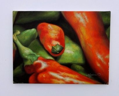 Chili Pepper Painting: Vibrantly colored green and red peppers, hand painted oil on canvas. Signed lower right "A. Feminm." Dimensions: 12" L x 16" W x 1" H