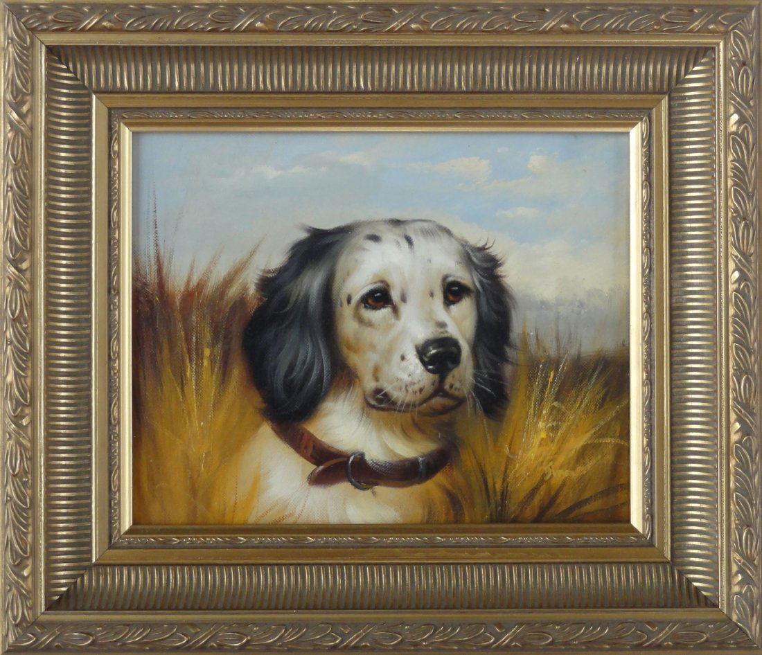 Springer Spaniel Dog Painting: Oil painting by artist Simon, signed lower right. Displayed in a wood frame. Dimensions: 12" x 14"