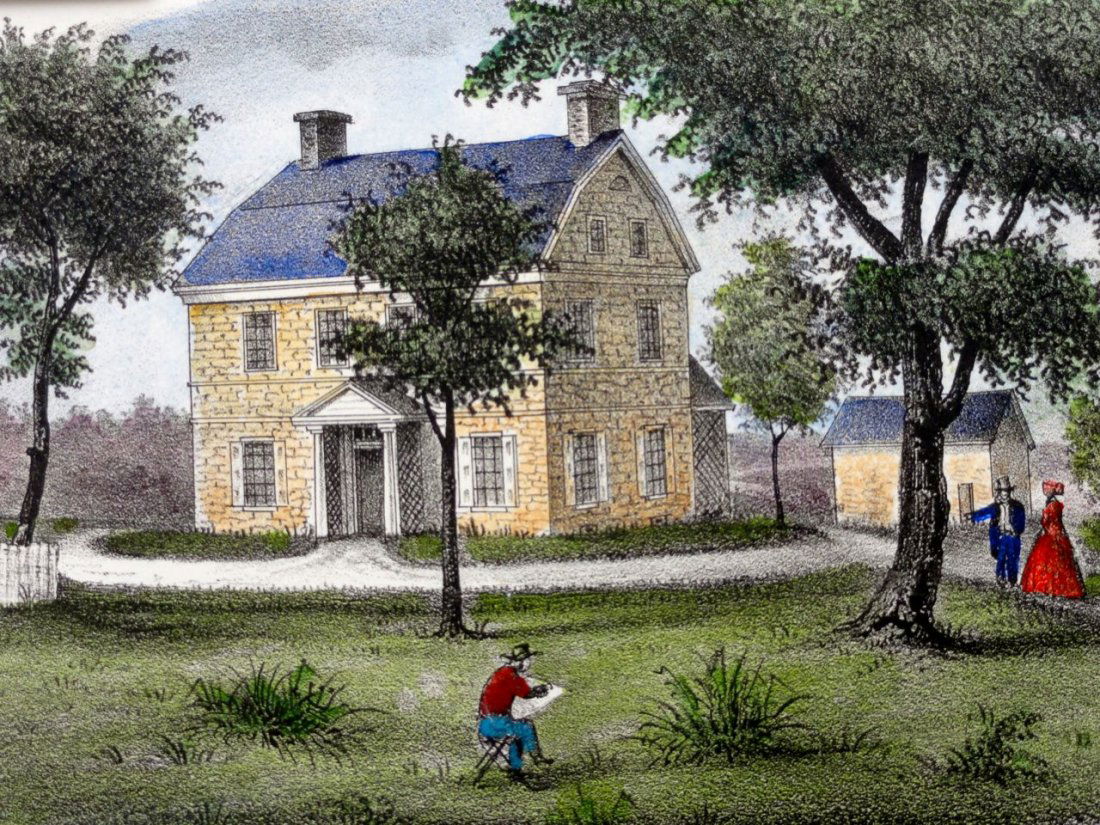 Benjamin West, Springfield, Pennsylvania: Birth Place of Benjamin West, Springfield, Pennsylvania Original hand colored lithograph by Bowen & Company, circa 1862. Dimensions: 9" x 11 3/4"