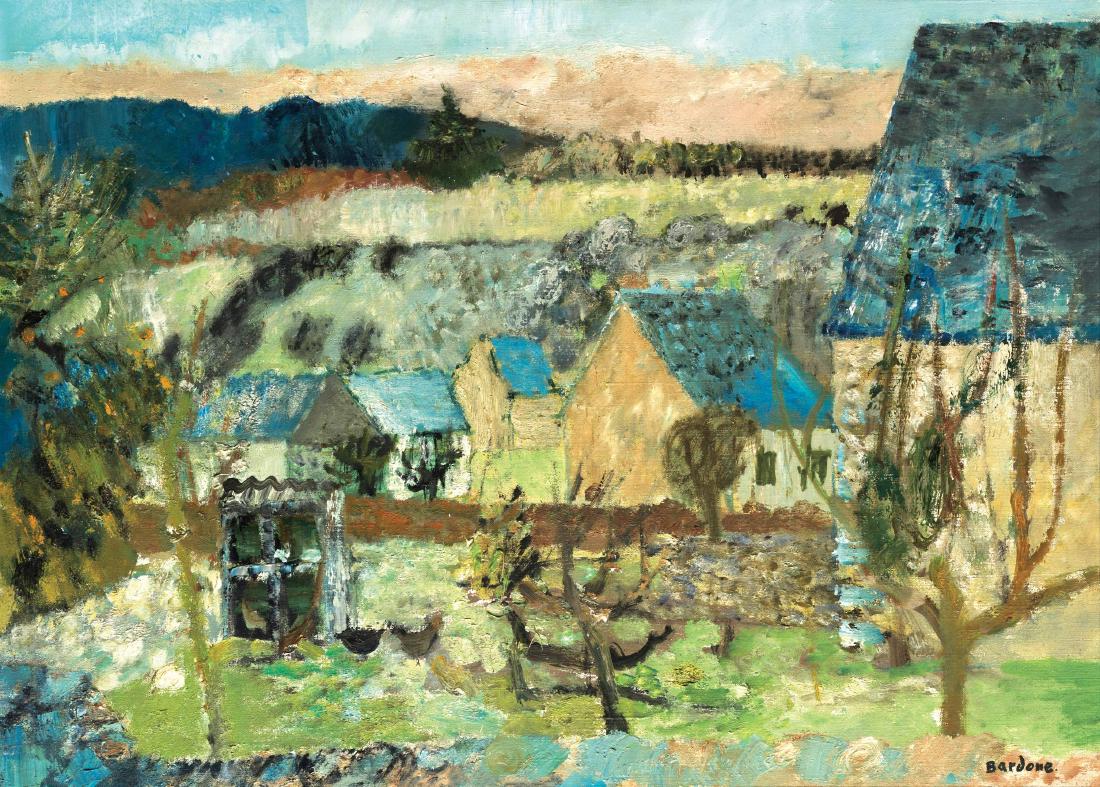 Guy BARDONE (Né en 1927) Paysage aux toits bleusHuile: Guy BARDONE (Né en 1927) Paysage aux toits bleusHuile sur toile, signée en bas à droite 79 x 58 cm (31 x 23 in.)