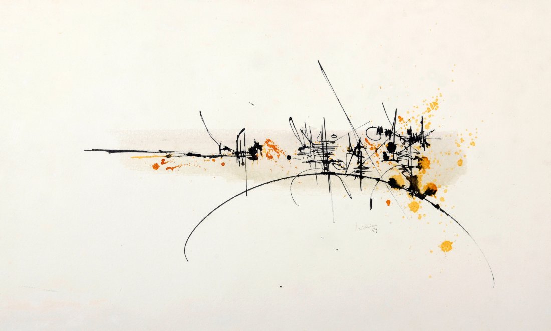 Georges MATHIEU (1921-2012): Georges MATHIEU (1921-2012) Composition.Encre de couleur et encre de Chine sur papier.45 x 75 cm.Signé et daté vers le bas, vers la droite : Mathieu / 59.1959. PROVENANCE : . Collection privée, Par