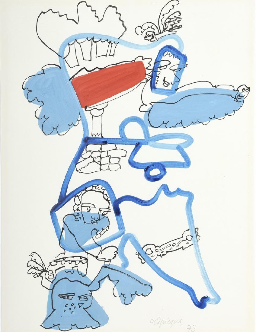 Charles LAPICQUE (1898-1988): Charles LAPICQUE (1898-1988) Le cheval d'armes Gouache et encre sur papier, signée en bas vers le milieu 50 x 65 cm