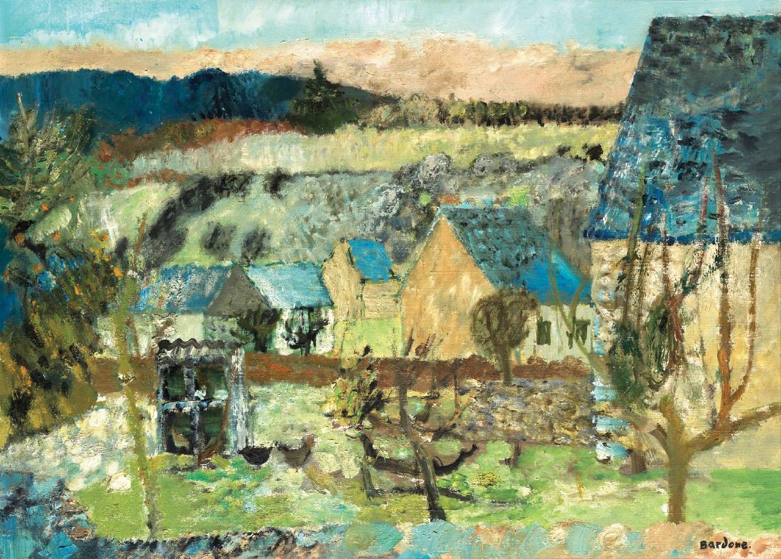 Guy BARDONE (Né en 1927) Paysage aux: Guy BARDONE (Né en 1927) Paysage aux toits bleus Huile sur toile, signée en bas à droite 79 x 58 cm (31 x 23 in.) 
