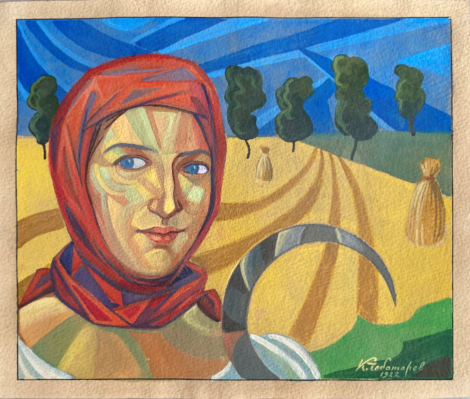 Konstantin K. CHEBOTAREV (1892-1974), Attribué: Jeune fille de kolkhoze, 1922 Gouache sur papier signée en cyrillique et datée en bas à droite 22 x 26 cm