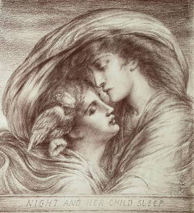 Siméon SOLOMON, (1804-1905), Attribué à: Siméon SOLOMON, (1804-1905), Attribué à Night and her child sleep,1892 Pastel brun sur papier sur papier, signé du monogramme « SS » en bas à droite , titré et daté 1892 35,5 x 32 cm -Siméon