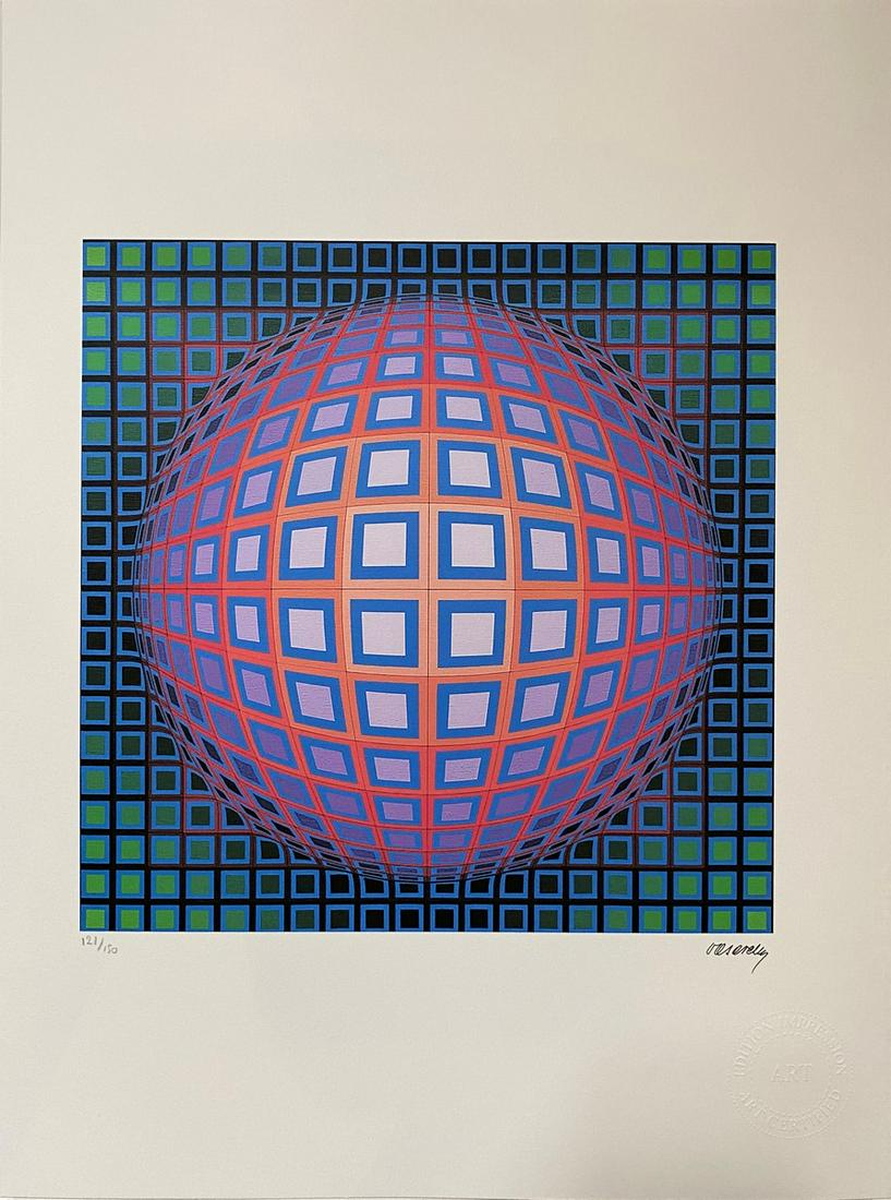 Victor VASARELY (1906-1997), d'après: Sans titreSérigraphie en couleur sur papier, signée dans la planche, Cachet de l'éditeur en bas à droite. Numéroté à 150 ex. 30 x 40 cm. Le certificat de l'édit