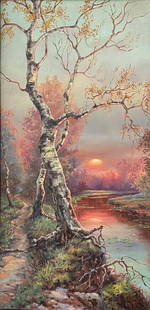 Yuliy Yulevich KLEVER (XIX-XX) Coucher de soleil sur la: Yuliy Yulevich KLEVER (XIX-XX) Coucher de soleil sur la rivière Huile sur toile, signée en bas à droite 51 x 26 cm.Yuliy Yulevich KLEVER (XIX-XX).Sunset on the river.Oil on canvas, sign