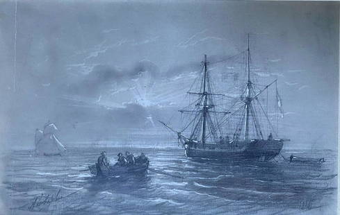 ECOLE RUSSE DU XIXème SIECLE, dans le goût de: ECOLE RUSSE DU XIXème SIECLE, dans le goût de Ivan Constantinovich AIVAZOVSKY Bateaux sur la mer,1840 Dessin au crayon et rehauts de gouache, porte une signature en bas à gauche,