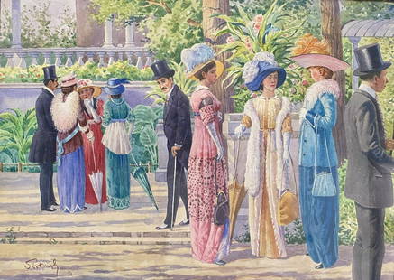 Ludvik STRIMPL (1880-1937) Les élégants à: Ludvik STRIMPL (1880-1937) Les élégants à la Garden Party Aquarelle sur papier, signée en bas à gauche 36 x 45,40 cm.Ludvik STRIMPL (1880-1937).The Elegants at the Garden