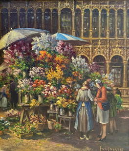 Franz VAN GENESEN (1887-1945) Le marché aux fleurs: Franz VAN GENESEN (1887-1945) Le marché aux fleurs à Bruxelles Huile sur toile, signée en bas à droite 40 x 35 cm.Franz VAN GENESEN (1887-1945).The Flower Market in Brussels.Oil