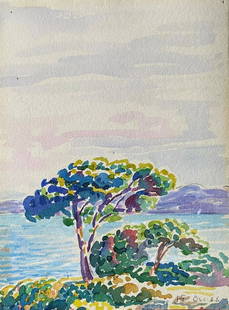 Henri Edmond CROSS (1856-1910), Attributed to: Henri Edmond CROSS (1856-1910), Attribué à Paysage méditerranéen Aquarelle sur papier, porte une signature en bas à droite « HE.CROSS » 15,3 x 11,4 cm