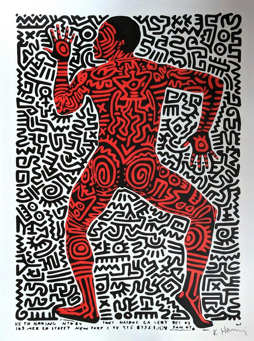 Keith HARING (1958-1990), (AFTER): Keith HARING (1958-1990), (AFTER) Affiche en couleur sur papier ,signée dans la planche 56 x 75 cm Parfait état